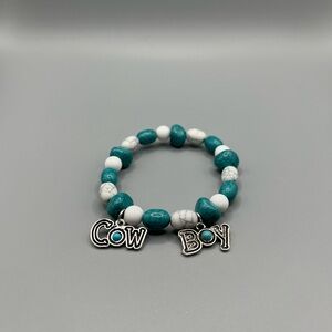 Cowboy Beaded Bracelet - Teal and White - Handmade #B0347T